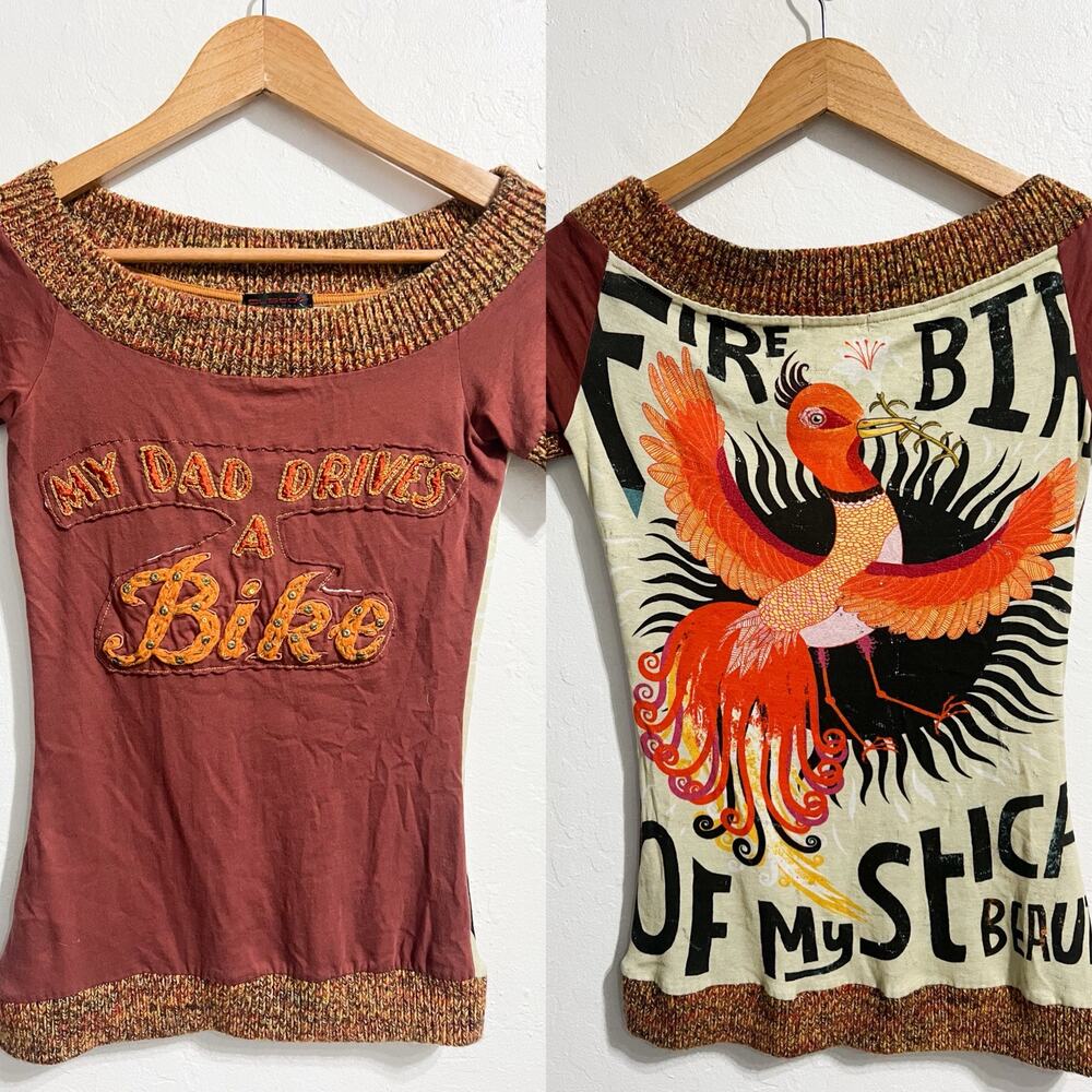 VTG Custo Barcelona Top Short S Sleeve Knit Y2K Cyber Grunge Graphic Biker 2000